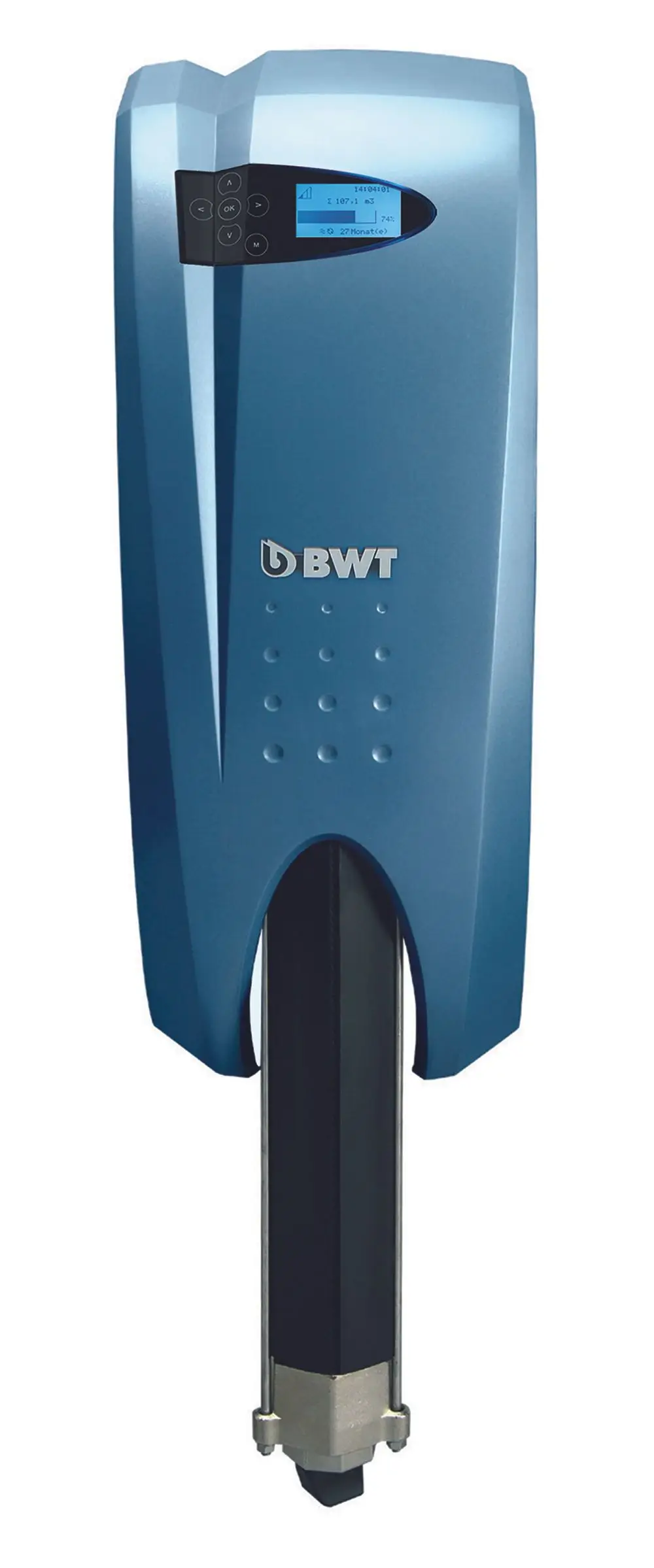 BWT Gerät zur Wasseraufbereitung mit digitalem Display und Steuerungselementen. Das Gehäuse ist blau mit einer vertikalen schwarzen Komponente an der Unterseite.
